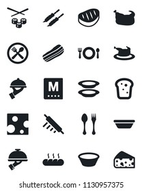 Set of vector isolated black icon - spoon and fork vector, cafe, menu, plates, bacon, waiter, bread, chicken, steak, kebab, bowl, rolling pin, sushi, cheese