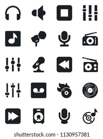 Set of vector isolated black icon - vinyl vector, flame disk, microphone, radio, speaker, settings, headphones, stop button, fast forward, rewind, tuning, record, music