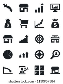 Set of vector isolated black icon - shop vector, checkroom, growth statistic, money bag, crisis graph, store, monitor statistics, pie, hr, target, consumer search, arrow up, cart, storefront