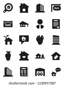 Set of vector isolated black icon - office building vector, house, real heart, contract, with garage, tree, rent, sold signboard, estate search, agent, smart home, city, eco, message