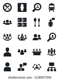 Set of vector isolated black icon - spoon and fork vector, train, male, checkroom, speaking man, group, user, company, hr, meeting, client search, consumer, hierarchy