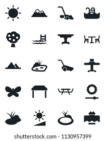 Set of vector isolated black icon - cafe vector, lawn mower, butterfly, sun, pond, picnic table, brightness, pool, fruit tree, mountains, restaurant