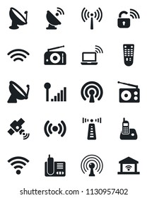 Set of vector isolated black icon - antenna vector, satellite, wireless notebook, radio, remote control, phone, cellular signal, lock, garage gate
