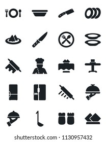 Set of vector isolated black icon - fridge vector, cook, restaurant table, serviette, cafe, plates, waiter, salt and pepper, ladle, bowl, rolling pin, knife