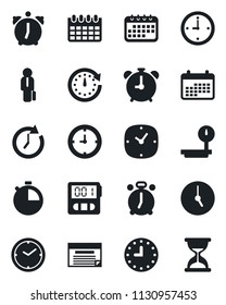 Set of vector isolated black icon - alarm clock vector, calendar, heavy scales, stopwatch, manager, schedule, sand