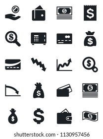 Set of vector isolated black icon - credit card vector, safe, dollar sign, money bag, crisis graph, cash, receipt, wallet, growth, search, investment