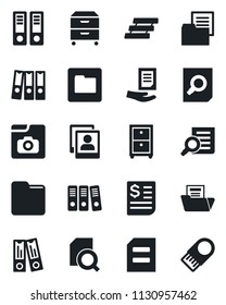 Set of vector isolated black icon - office binder vector, document search, receipt, folder, photo gallery, paper, tray, archive box, usb flash