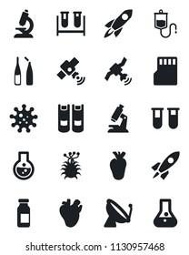 Set of vector isolated black icon - satellite antenna vector, book, blood test vial, dropper, microscope, ampoule, real heart, virus, sd, rocket, flask
