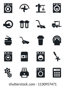 Set of vector isolated black icon - coffee machine vector, washer, fork loader, ripper, lawn mower, tomography, printer, copier, crane, gear, water filter, combination lock