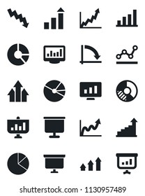 Set of vector isolated black icon - growth statistic vector, presentation board, crisis graph, monitor, circle chart, statistics, bar, pie, point, arrow up
