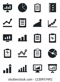 Set of vector isolated black icon - growth statistic vector, monitor, pulse clipboard, statistics, bar graph, pie, checklist, point, presentation