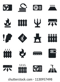 Set of vector isolated black icon - fire vector, hose, fireplace, heater, air conditioner, candle, water, smoke detector, radiator, warm floor