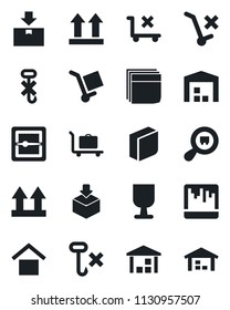 Set of vector isolated black icon - baggage trolley vector, fragile, cargo, warehouse storage, up side sign, no, hook, package, search, scanner, blank box