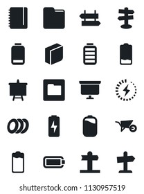 Set of vector isolated black icon - signpost vector, notepad, presentation board, wheelbarrow, battery, low, folder, charge, blank box, plates, guidepost