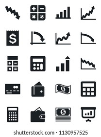 Set of vector isolated black icon - credit card vector, growth statistic, calculator, crisis graph, receipt, bar, wallet, cash, presentation