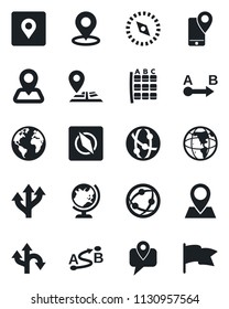 Set of vector isolated black icon - globe vector, seat map, route, navigation, earth, pin, mobile tracking, network, place tag, compass, flag