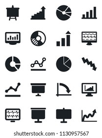 Set of vector isolated black icon - growth statistic vector, presentation board, crisis graph, circle chart, monitor pulse, statistics, bar, pie, point
