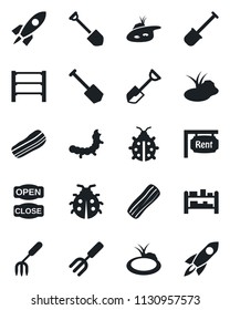 Set of vector isolated black icon - job vector, garden fork, shovel, lady bug, caterpillar, pond, rack, rent, bacon, open close, rocket
