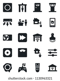 Set of vector isolated black icon - airport tower vector, passport control, security gate, stamp, scales, gamepad, remote, fast forward, rec button, tuning, record, air conditioner, vip zone, home