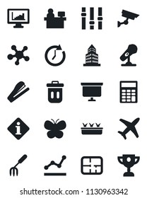 Set of vector isolated black icon - presentation board vector, manager place, garden fork, butterfly, seedling, plane, microphone, settings, share, monitor statistics, office building, calculator