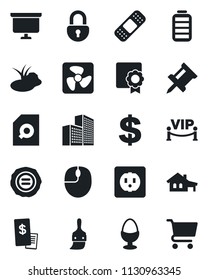 Set of vector isolated black icon - dollar sign vector, mouse, presentation board, stamp, pond, patch, battery, themes, lock, sertificate, drawing pin, office building, document search, egg stand