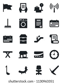 Set of vector isolated black icon - antenna vector, escalator, luggage scales, office chair, document, contract, rake, caterpillar, picnic table, clock, term, archive chest, calendar, credit card