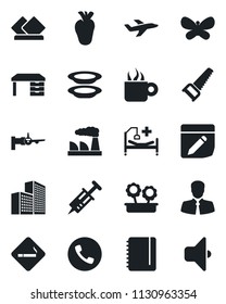 Set of vector isolated black icon - phone vector, smoking place, boarding, desk, notepad, factory, saw, butterfly, syringe, hospital bed, real heart, plane, client, notes, office building, coffee