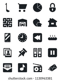 Set Of Vector Isolated Black Icon - Mobile Phone Vector, Office Binder, Clock, Radio, Pause Button, Rewind, Mail, Lock, Music, Photo Gallery, Drawing Pin, Pie Graph, House, Garage, Bread, Ladle