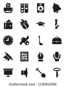 Set of vector isolated black icon - graduate vector, abacus, presentation board, job, printer, satellite, clock, flame disk, speaker, microphone, bell, ink pen, tie, book, ladle, rolling pin, wallet