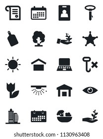 Set of vector isolated black icon - notebook pc vector, tree, sun, eye, warehouse storage, no hook, tulip, calendar, identity card, office building, salad, cutting board, police, sprinkler, contract