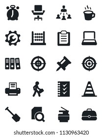 Set of vector isolated black icon - alarm clock vector, border cone, job, root setup, clipboard, coffee, drawing pin, document search, abacus, office chair, checklist, paper binder, target, printer
