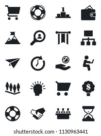 Set of vector isolated black icon - team vector, meeting, consumer search, shining head, motivation, handshake, wallet, clock, pennon, investment, cart, paper plane, hierarchy, crisis management