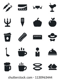 Set of vector isolated black icon - coffee vector, plant label, pumpkin, waiter, dish, reserved, cocktail, beer, plates, bacon, candle, cafe table, dress code, credit card, kebab, ladle, apple fruit