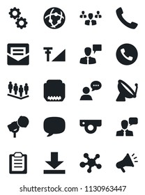 Set of vector isolated black icon - satellite antenna vector, phone, speaking man, team, microphone, speaker, share, hdmi, call, message, mail, network, download, cellular signal, clipboard, gear