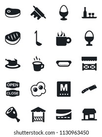 Set of vector isolated black icon - coffee vector, alcohol, menu, egg stand, open close, alcove, credit card, chicken, steak, ham, hot dog, ladle, rolling pin, knife, omelette, storefront