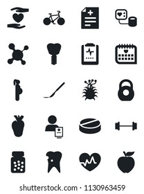 Set of vector isolated black icon - heart pulse vector, diagnosis, molecule, blood pressure, pills, bottle, scalpel, barbell, bike, hand, real, caries, implant, medical calendar, clipboard, patient