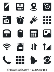 Set of vector isolated black icon - mobile vector, call, menu, camera, gallery, calculator, alarm, stopwatch, bell, sd, data exchange, wireless, torch, place tag, lock, photo, cellular signal