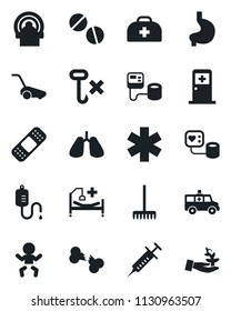 Set of vector isolated black icon - baby vector, medical room, rake, lawn mower, doctor case, syringe, blood pressure, dropper, pills, patch, tomography, ambulance star, car, hospital bed, stomach