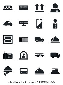 Set of vector isolated black icon - taxi vector, airport bus, reception, office phone, cargo container, car delivery, up side sign, cell, scanner, support, waiter, dish, reserved, warm floor