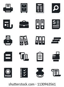 Set of vector isolated black icon - passport vector, contract, office binder, document search, printer, receipt, news, clipboard, case, checklist, paper, tray, archive box, copier, stamp