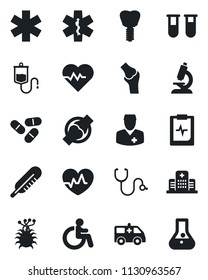 Set of vector isolated black icon - disabled vector, heart pulse, stethoscope, blood test vial, dropper, thermometer, microscope, pills, ambulance star, car, implant, joint, clipboard, hospital