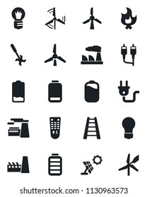 Set of vector isolated black icon - bulb vector, factory, ladder, fire, ripper, remote control, battery, low, rca, windmill, power plug, sun panel