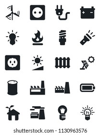 Set of vector isolated black icon - bulb vector, factory, fire, oil barrel, torch, brightness, battery, windmill, eco house, socket, power plug, radiator, energy saving, sun panel, idea