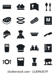 Set of vector isolated black icon - spoon and fork vector, cook, cafe, hat, wine card, menu, reserved, drink, plates, bacon, waiter, salt pepper, steak, bowl, knife, serviette, storefront