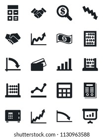 Set of vector isolated black icon - safe vector, calculator, abacus, crisis graph, bar, point, handshake, contract, credit card, growth, money search, cash, presentation