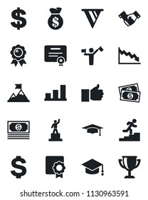 Set of vector isolated black icon - dispatcher vector, handshake, dollar sign, pedestal, medal, graduate, cash, finger up, sertificate, bar graph, career ladder, motivation, money bag, pennon