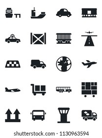 Set of vector isolated black icon - airport tower vector, runway, taxi, bus, alarm car, plane, earth, railroad, sea shipping, delivery, port, container, consolidated cargo, up side sign, moving
