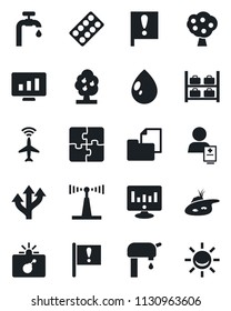 Set of vector isolated black icon - plane radar vector, bomb in case, luggage storage, statistic monitor, water drop, pills blister, patient, route, important flag, folder document, antenna, pond