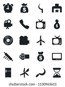Set of vector isolated black icon - alarm clock vector, money bag, sickle, vinyl, tv, video camera, call, fireplace, rolling pin, fridge, windmill, sand