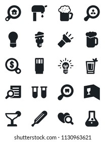 Set of vector isolated black icon - document search vector, bulb, blood test vial, thermometer, heart diagnostic, cargo, torch, water supply, estate, client, wine card, drink, cocktail, phyto bar